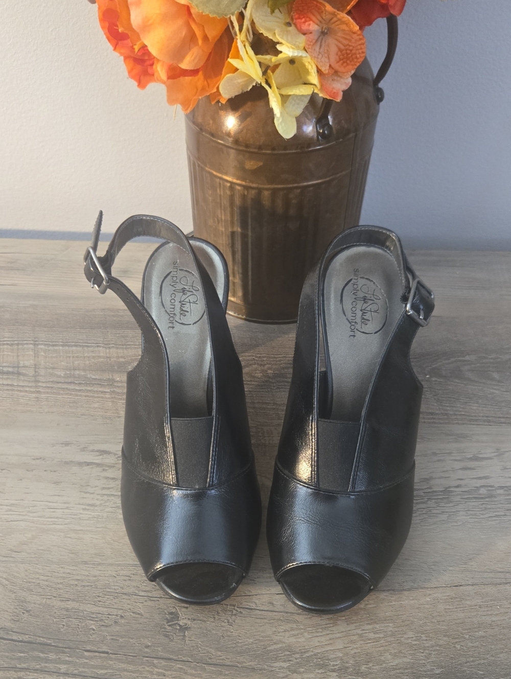 Life Stride Black Peep-Toe Slingback Heels with Buckle